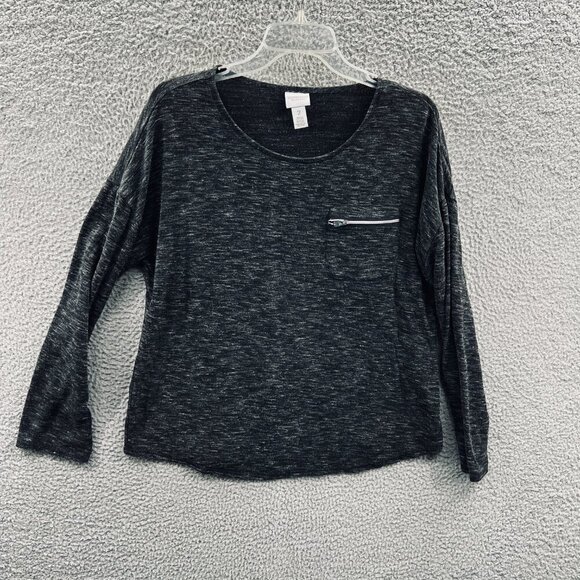 Weekends‎ Chicos Womens Top 2 Large Black Long Sleeve Pullover Shirt Pocket - Picture 1 of 9